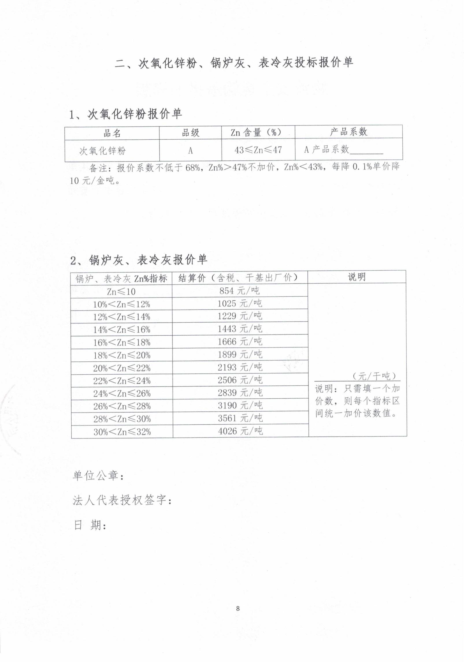 2026年次氧化鋅粉、鍋爐灰、表冷灰招標(biāo)函告08